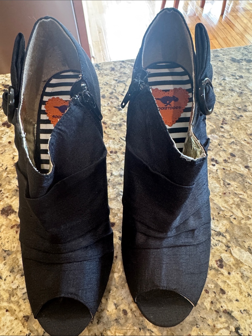 Rocket Dog Black Peep-Toe Ruched Heels with Side Button Size 9